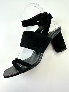 Vionic Black Suede Pillar Heel Sandals Yasmin 7.5 Minimalist Strappy Modern